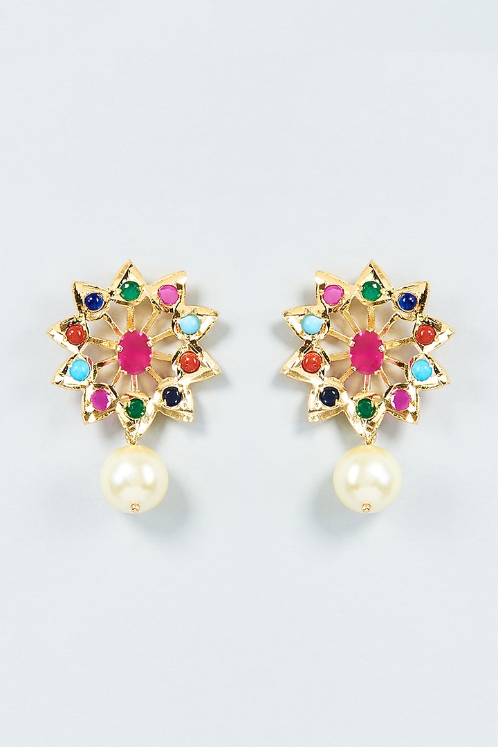 Gold Plated Multi-Colored Semi-Precious Stone & Kundan Polki Stud Earrings by Kiara at Pernia's Pop Up Shop