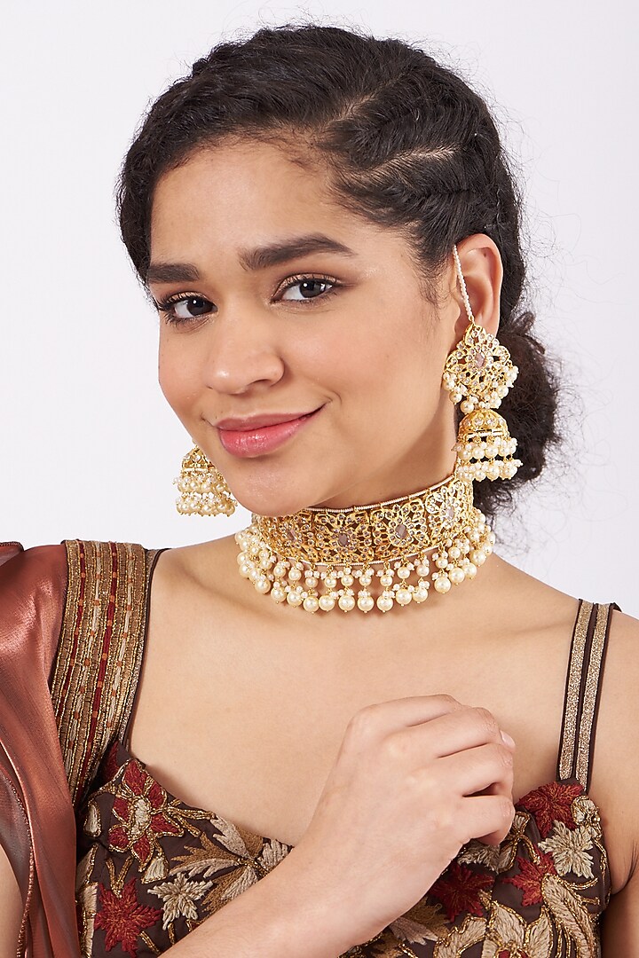 Gold Plated Kundan Polki Choker Necklace Set by Kiara at Pernia's Pop Up Shop