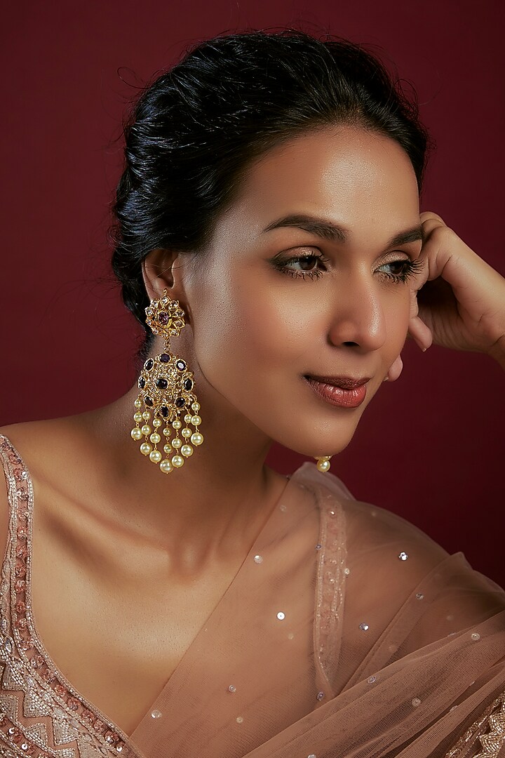 Gold Plated Kundan Polki & Pearl Chandbaali Earrings by Kiara at Pernia's Pop Up Shop