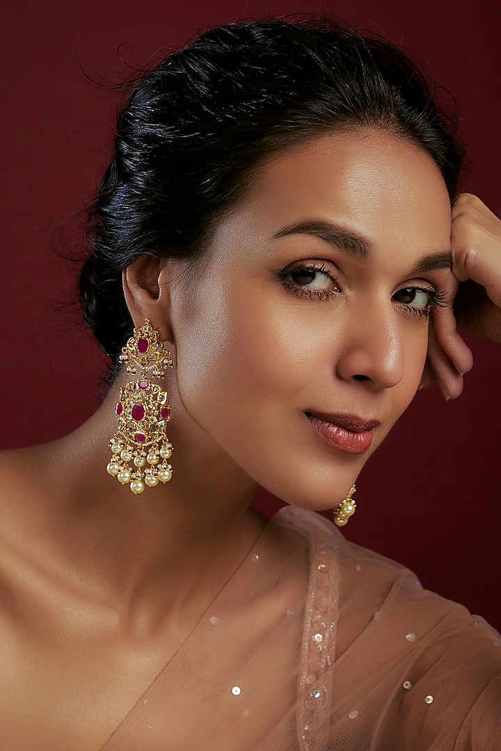 Gold Plated Kundan Polki & Pearl Chandbaali Earrings by Kiara at Pernia's Pop Up Shop