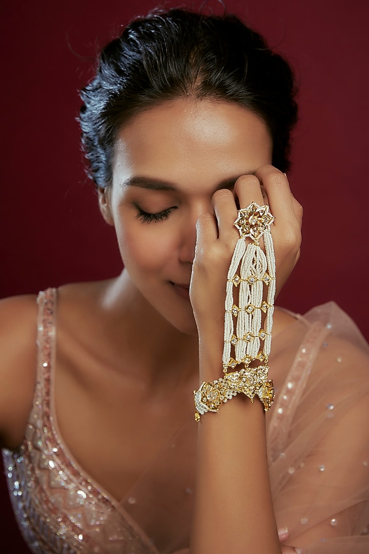 Gold Plated Kundan Polki & Pearl Hathphool by Kiara at Pernia's Pop Up Shop
