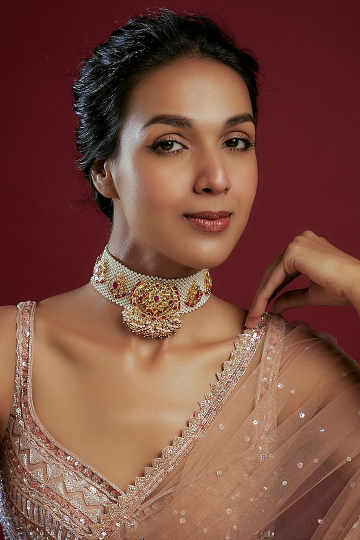 Gold Plated Kundan Polki & Red Beaded Choker Necklace by Kiara