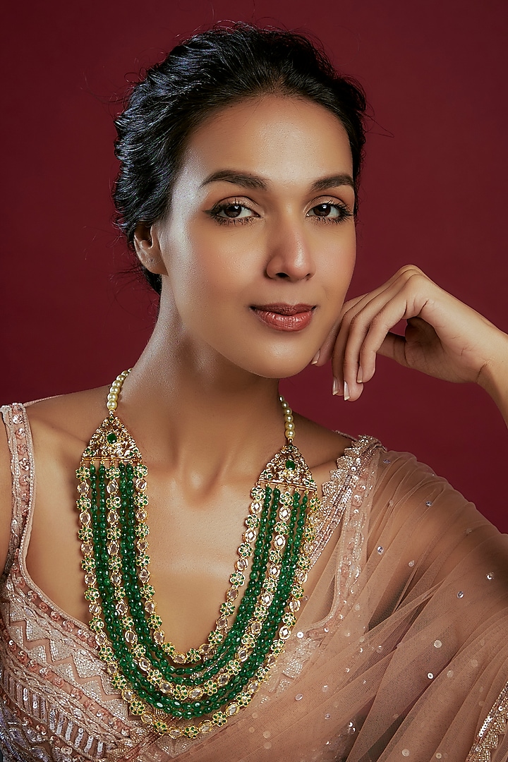 Gold Plated Kundan Polki & Green Beaded Necklace by Kiara at Pernia's Pop Up Shop