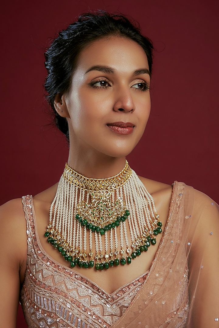 Gold Plated Kundan Polki & Green Beaded Choker Necklace by Kiara at Pernia's Pop Up Shop