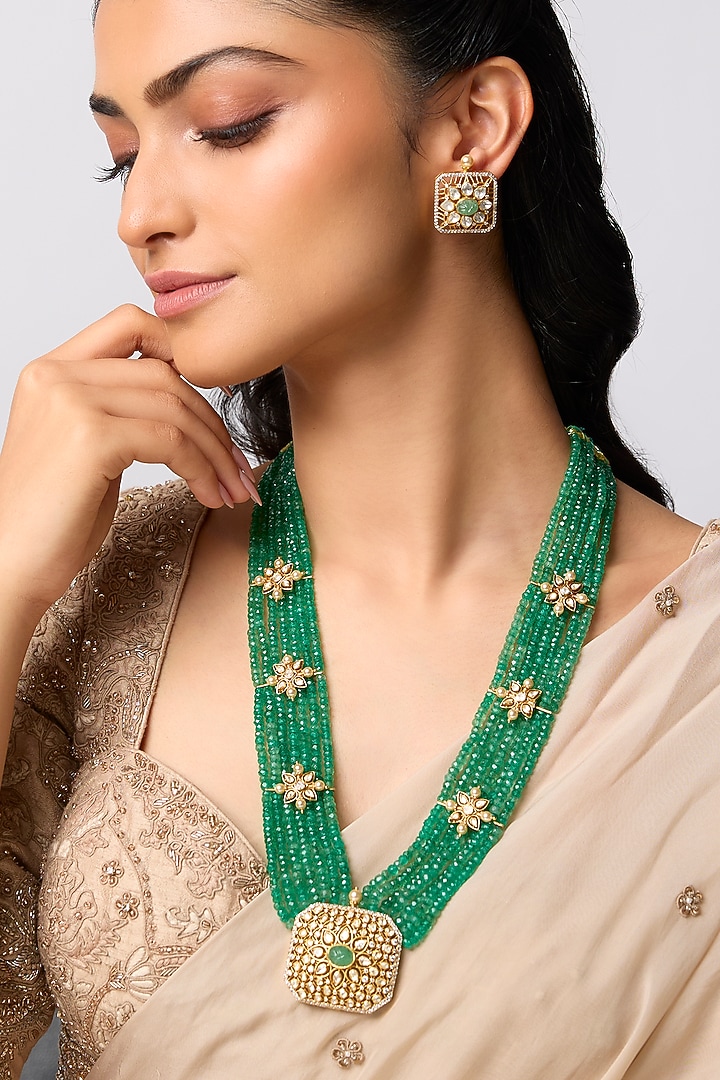 Gold Finish Kundan Polki & Bead Long Pendant Necklace Set In Sterling Silver by Kiara at Pernia's Pop Up Shop