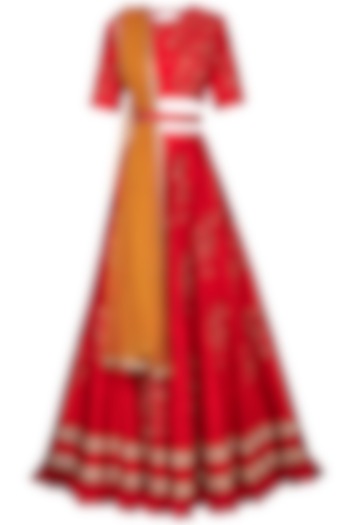 Cherry Red Embroidered Lehenga Set by Kazmi India