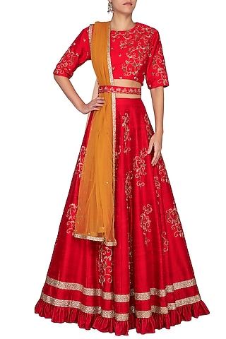 Cherry Red Embroidered Lehenga Set by Kazmi India