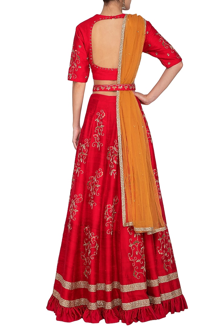 Cherry Red Embroidered Wedding Lehenga Set by Kazmi India at Pernia's Pop Up Shop