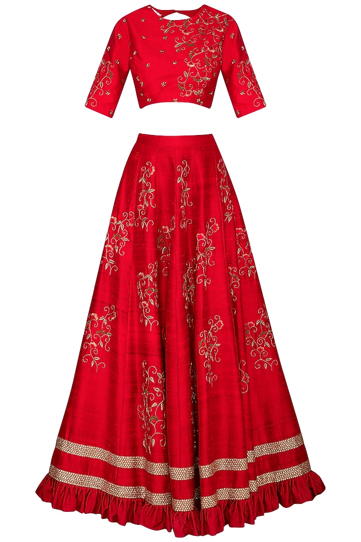 Cherry Red Embroidered Wedding Lehenga Set by Kazmi India at Pernia's Pop Up Shop