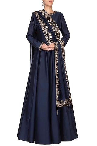 Indigo Blue Anarkali Gown with Embroidered Dupatta by Kazmi India