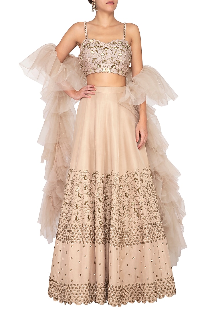 Beige Embroidered Wedding Lehenga Set by Kazmi India at Pernia's Pop Up Shop