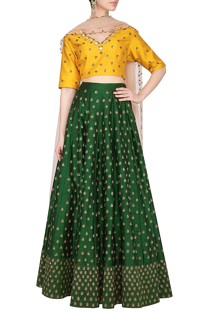 Emerald Green Embroidered Wedding Lehenga Set by Kazmi India at Pernia's Pop Up Shop