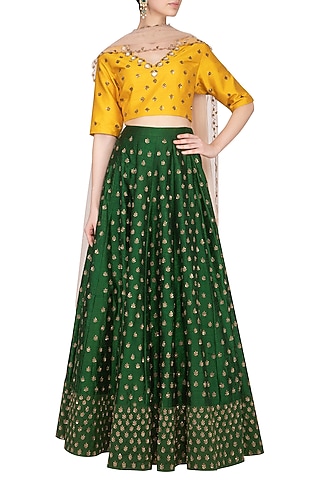 Emerald Green Embroidered Lehenga Set by Kazmi India