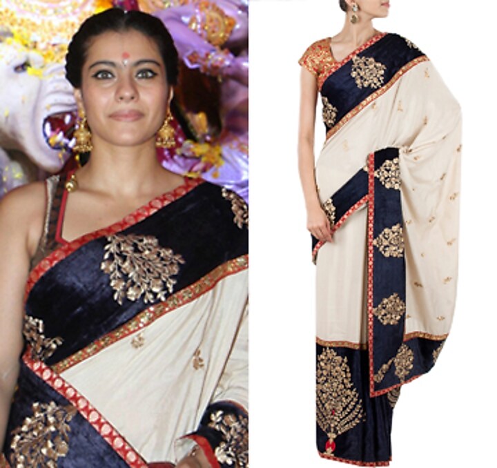 Beige and navy blue munga silk sari and gota patti blouse available only at Pernia's Pop-Up Shop.