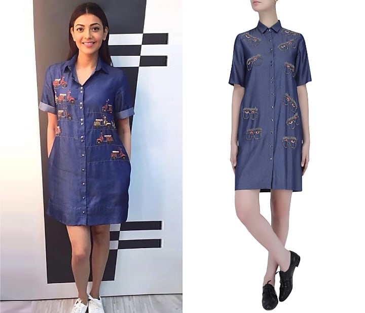 Blue beads embroidered specky eyes motif denim shirt dress available only at Pernia's Pop Up Shop.