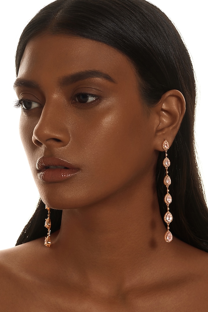 18 Kt Rose Gold Diamond & Rose Quartz Dangler Earrings by Kaj Fine Jewellery