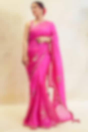 Rani Pink Chanderi Silk & Organza Silk Applique Embroidered Saree Set by Punit Balana