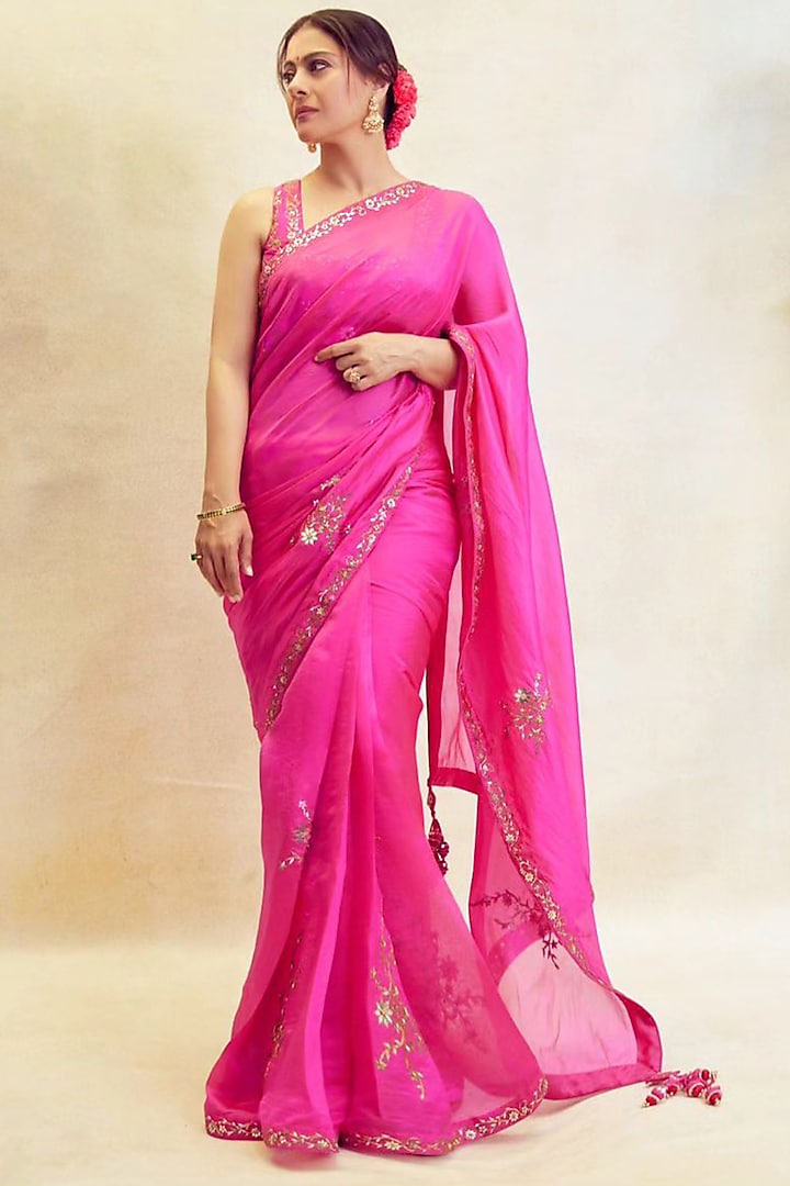 Rani Pink Chanderi Silk & Organza Silk Applique Embroidered Saree Set by Punit Balana