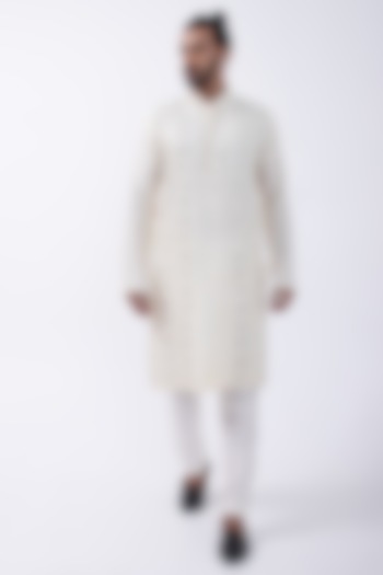 Ivory Bam Silk Mirror Embroidered Kurta Set by KAKA CALCUTTA at Pernia's Pop Up Shop