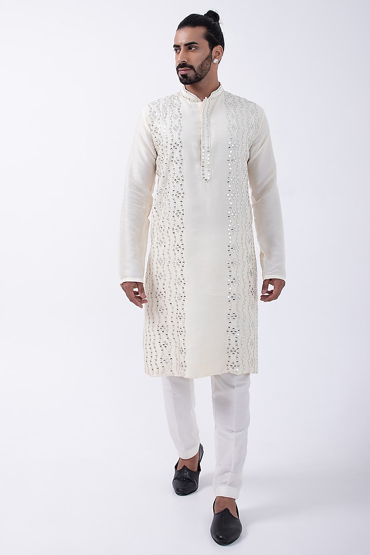 Ivory Bam Silk Mirror Embroidered Kurta Set by KAKA CALCUTTA at Pernia's Pop Up Shop