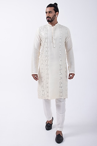 Ivory Bam Silk Mirror Embroidered Kurta Set by KAKA CALCUTTA