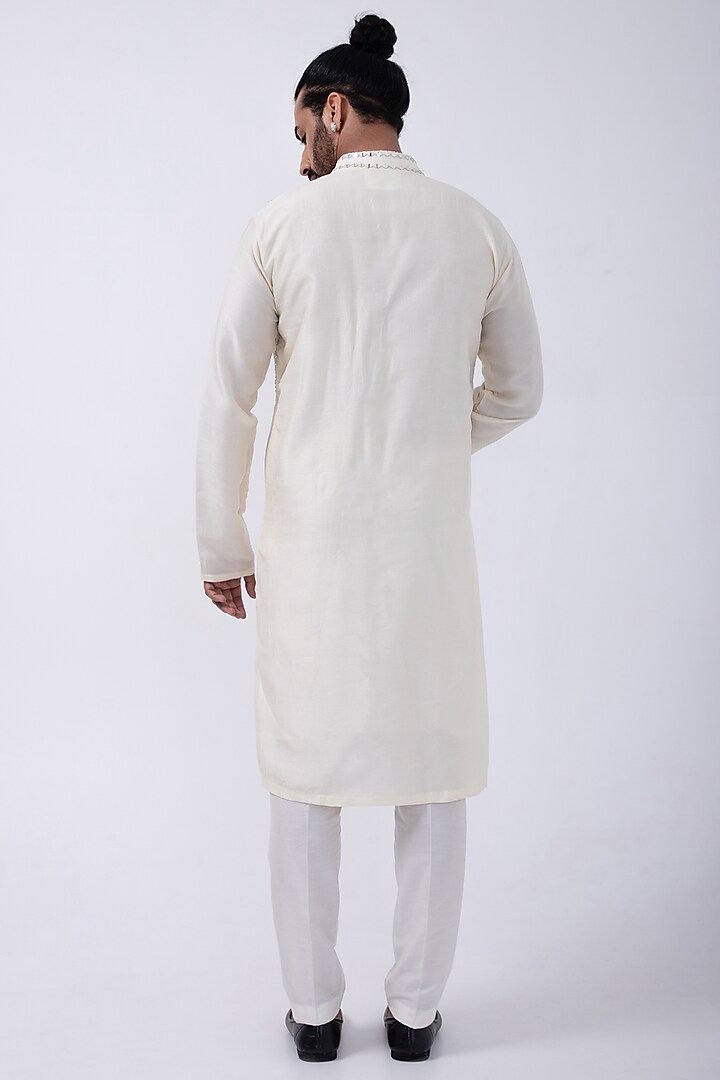 Ivory Bam Silk Mirror Embroidered Kurta Set by KAKA CALCUTTA at Pernia's Pop Up Shop