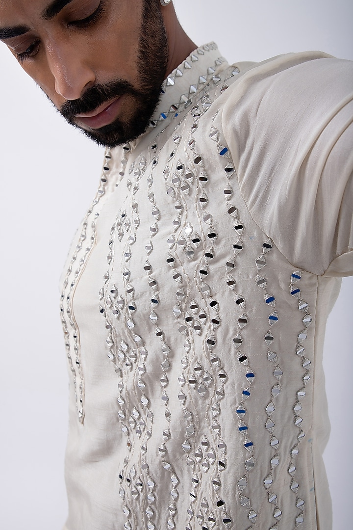 Ivory Bam Silk Mirror Embroidered Kurta Set by KAKA CALCUTTA at Pernia's Pop Up Shop