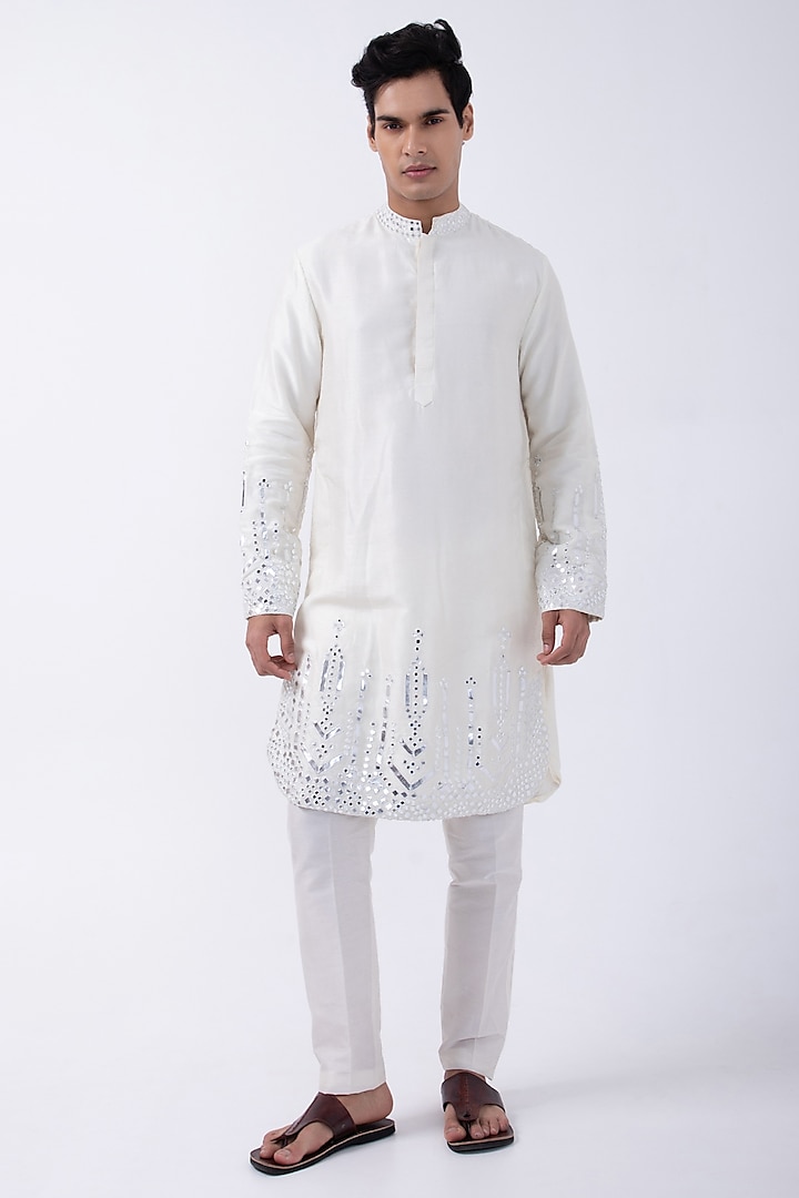 Ivory Leather Mirror Down Placement Kurta Set by KAKA CALCUTTA at Pernia's Pop Up Shop