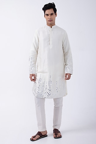 Ivory Leather Mirror Down Placement Kurta Set by KAKA CALCUTTA