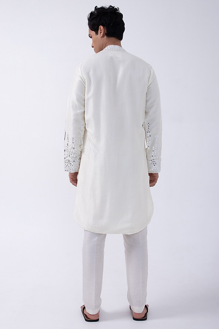 Ivory Leather Mirror Down Placement Kurta Set by KAKA CALCUTTA at Pernia's Pop Up Shop