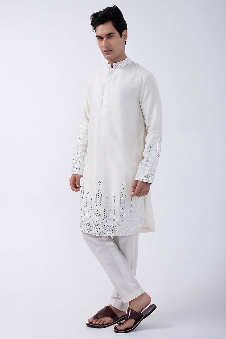 Ivory Leather Mirror Down Placement Kurta Set by KAKA CALCUTTA at Pernia's Pop Up Shop