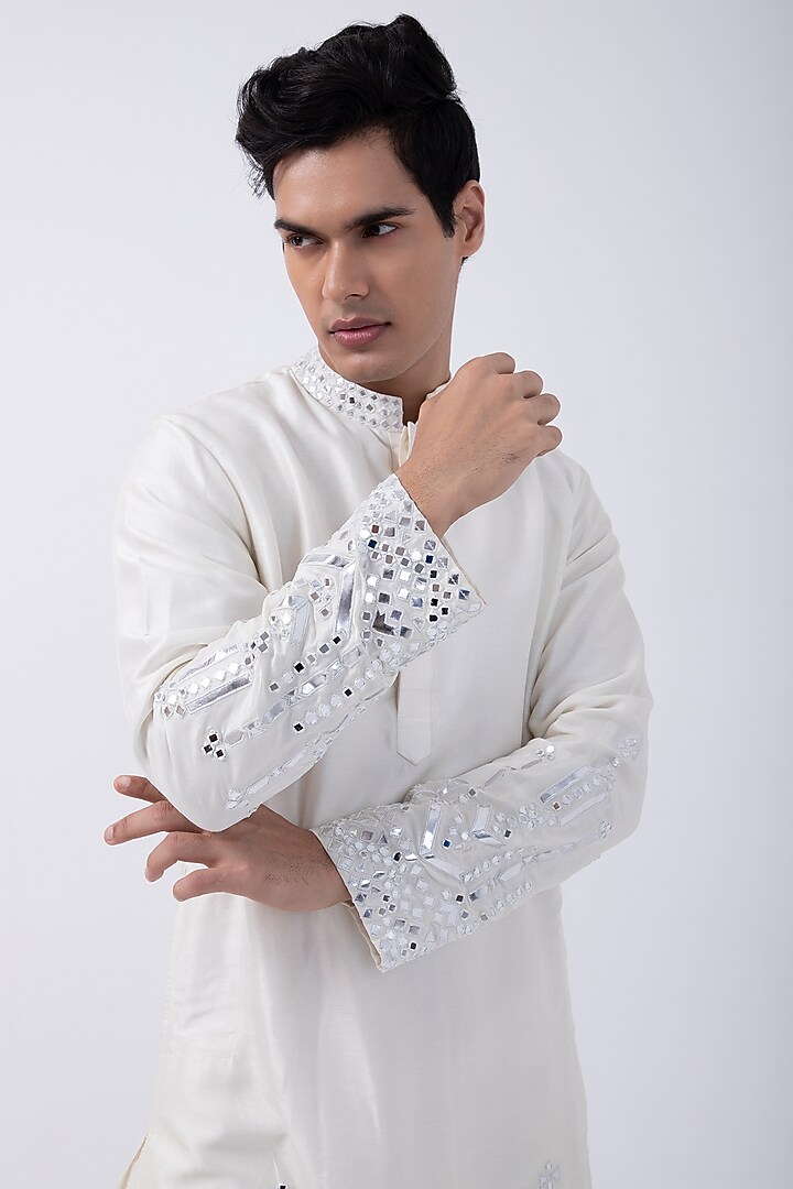 Ivory Leather Mirror Down Placement Kurta Set by KAKA CALCUTTA at Pernia's Pop Up Shop