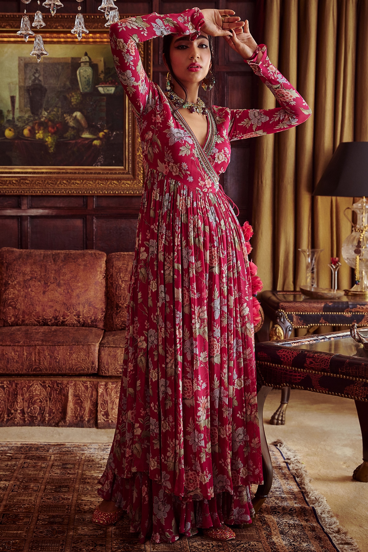 Crimson Red Printed Anarkali Set Design by Kalista at Pernia s Pop