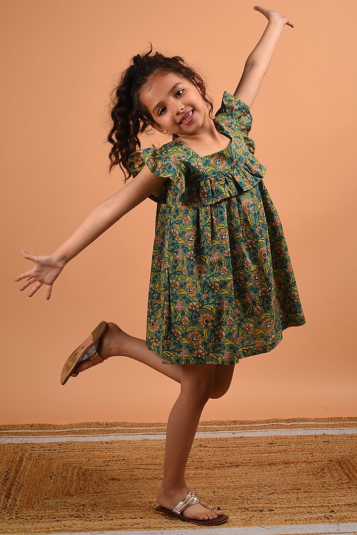 Green Floral Printed Midi Dress For Girls by KALP