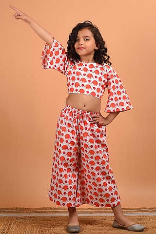 Peach Printed Pant Set For Girls by KALP