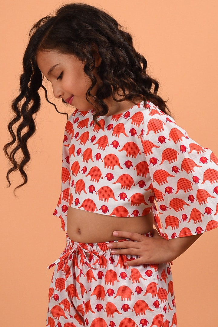 Peach Printed Pant Set For Girls by KALP at Pernia's Pop Up Shop