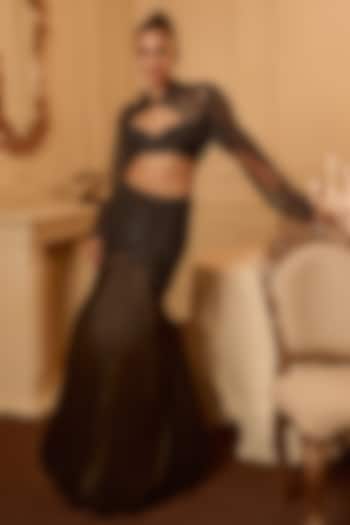 Black Satin & Tulle Embellished Skirt Set by Kamaali Couture at Pernia's Pop Up Shop