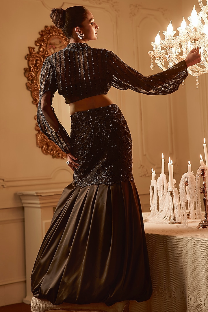 Black Satin & Tulle Embellished Skirt Set by Kamaali Couture at Pernia's Pop Up Shop