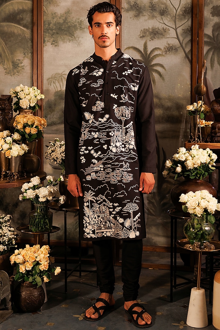 Black Katan Resham Thread Embroidered Kurta Set by Sahil Kochhar Men