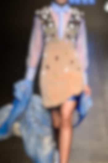 Camel color V neck embellished dress available only at Pernia's Pop Up Shop.