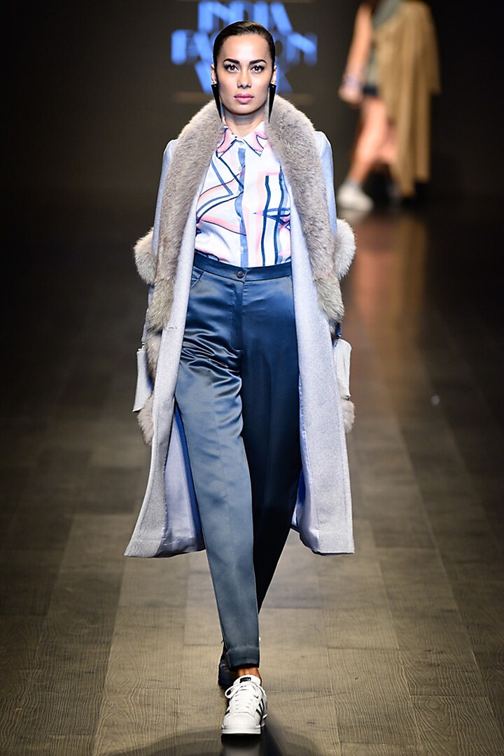 Grey faux fur long jacket by Kanika Goyal