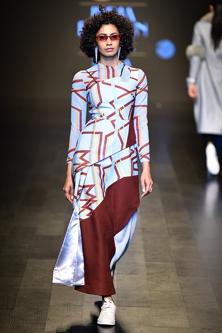 Blue circuit printed blocked dress available only at Pernia's Pop Up Shop.