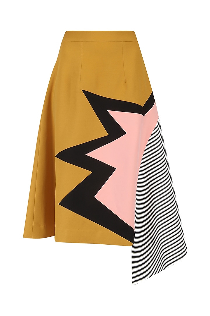 Mustard Striped Leather Panel Bolt Skirt by Kanika Goyal