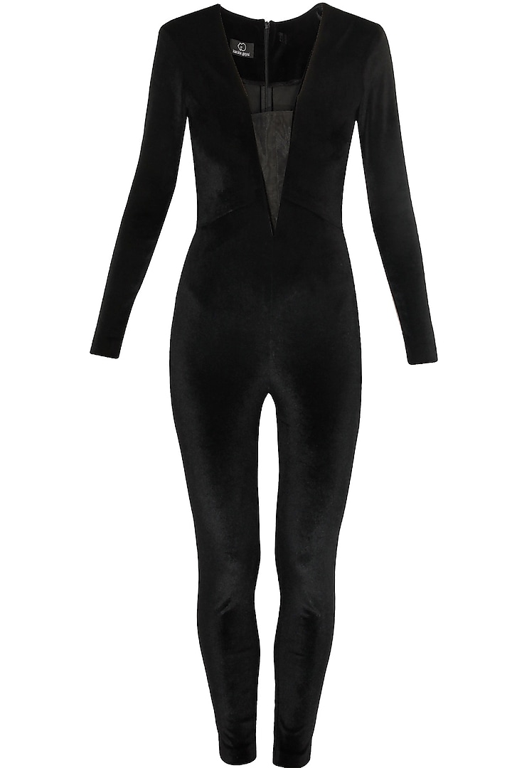 Black full sleeves stretchable jumpsuit by Kanika Goyal