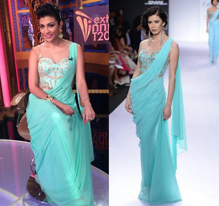 Turquoise embroidered sari-gown available only at Pernia's Pop-Up Shop.