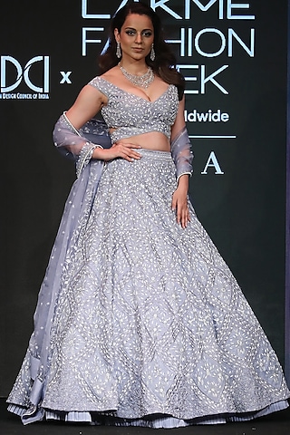 Lilac Embroidered Lehenga Set by Varun Chakkilam