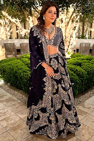 Purple Raw Silk Embroidered Lehenga Set by Jayanti Reddy