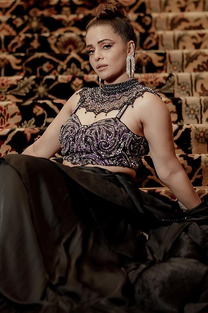 Black Chiffon Satin Embroidered Concept Ruffled Reception Saree Set by Divya Aggarwal at Pernia's Pop Up Shop