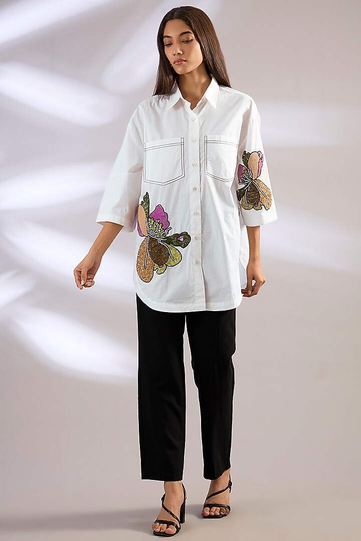 White Cotton Embellished Shirt by Kanika Goyal at Pernia's Pop Up Shop