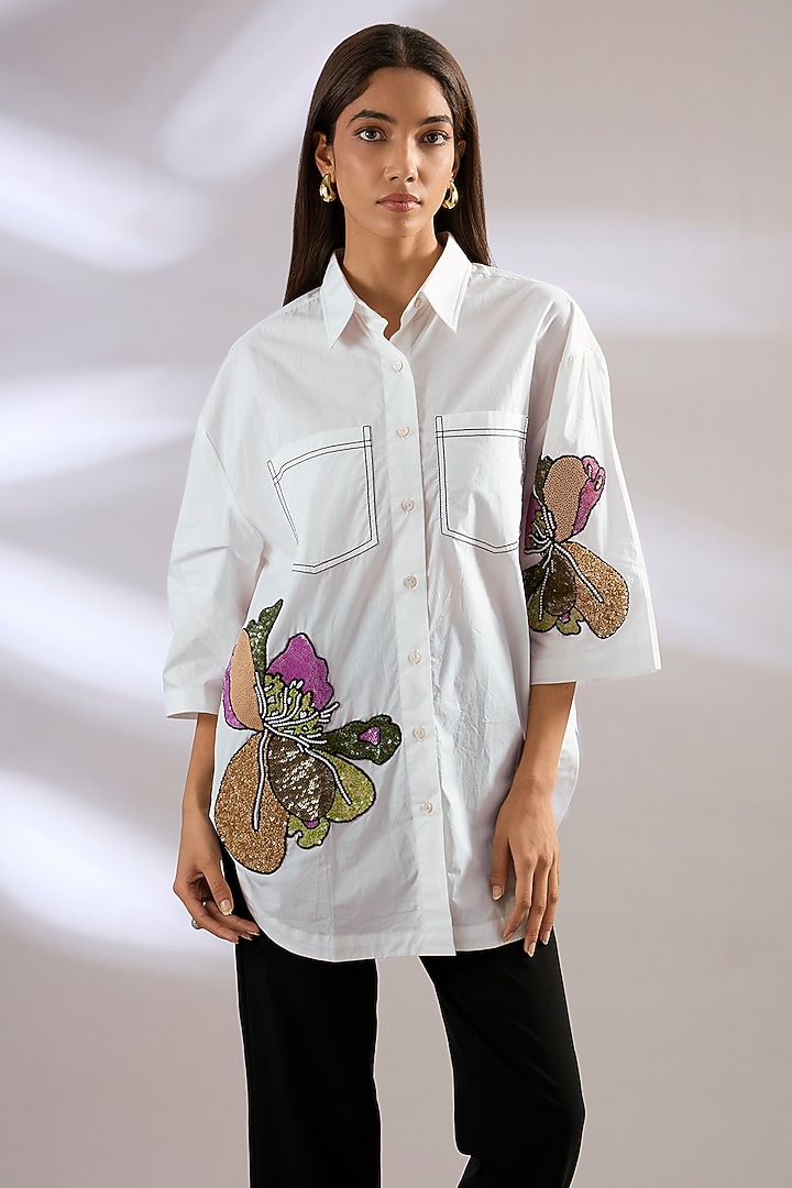White Cotton Embellished Shirt by Kanika Goyal at Pernia's Pop Up Shop